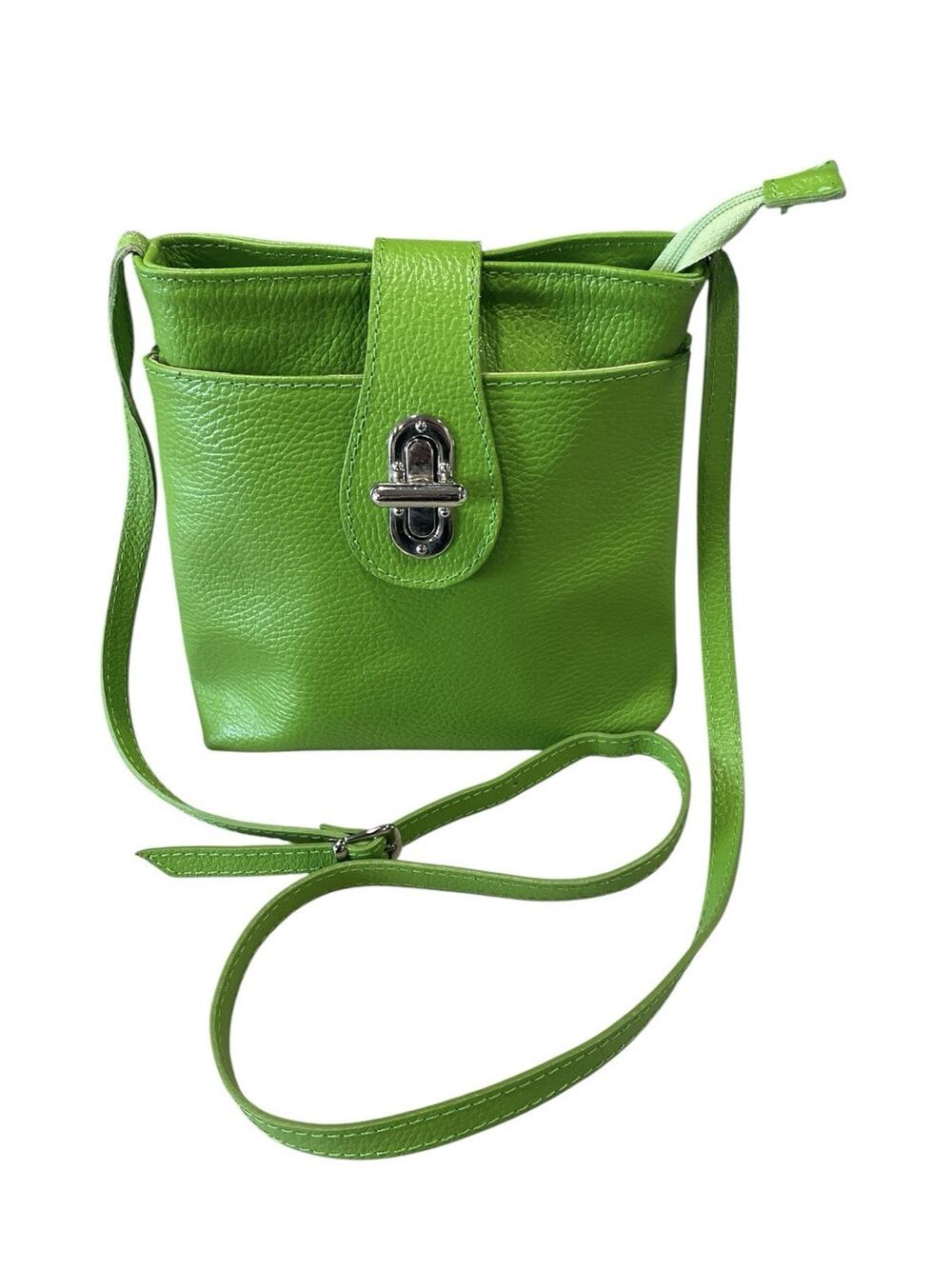 BORSE IN PELLE Green Pebbled Genuine Leather Crossbody Bag Made In Italy